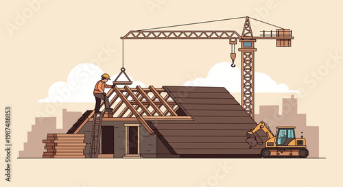 Construction Process Depicted: A House Being Built With Labor and Machinery on Site