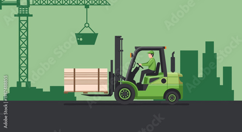 Construction Site Illustration: Forklift Operator Moving Cargo Near Silhouette Buildings