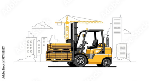 Construction Site Illustration: Forklift Stacking Lumber Against Urban Skyline Backdrop