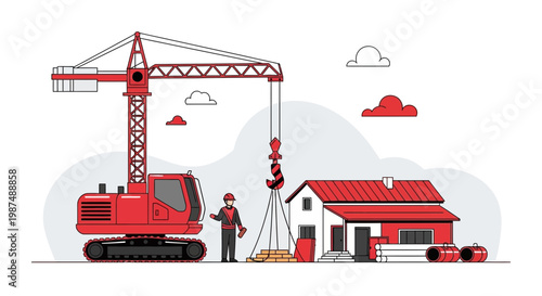 Construction Process: Dynamic Red Crane and House Illustration on White Background