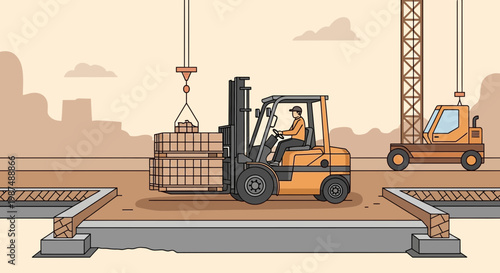 Construction Site Illustration: Forklift, Cranes, And Industrial Machinery Representing Labor Tasks
