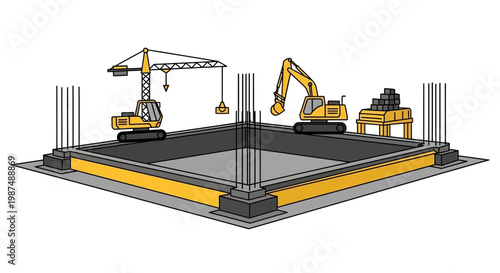 Construction Process Depicted in Artistic Manner, Featuring Heavy-Duty Machinery and Building