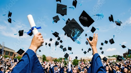 Graduates Tossing Caps in Air During Outdoor Ceremony with Diploma