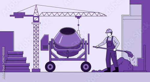 Construction Site Illustration Showcasing a Builder Utilizing Construction Equipment and Processes