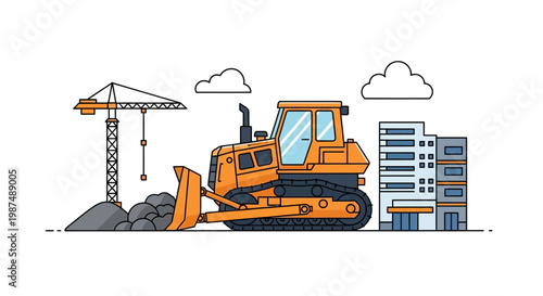 Construction Site Illustration Showcasing Bulldozer, Crane, And Building With Clouds Decoration