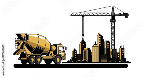 Construction Site Illustration Showcasing City Skyline, Concrete Mixer Truck, And Tower Crane