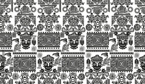 Seamless pattern Mexican gods symbols. Colored abstract aztec animal bird totem idols, ancient inca maya civilization primitive traditional signs. Vector indigenous culture symbols and mythic rituals.