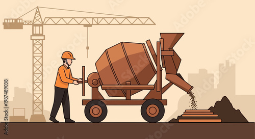 Construction Site Illustration Showcasing Concrete Mixer and Crane with Worker