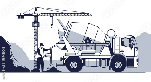 Construction Site Illustration Showcasing Concrete Mixer and Crane with Workers in Action