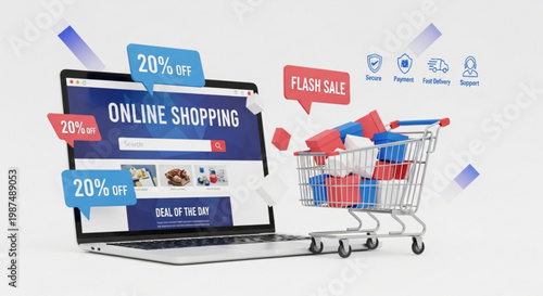 A vector graphic illustration of an online shopping concept with a laptop and shopping cart
