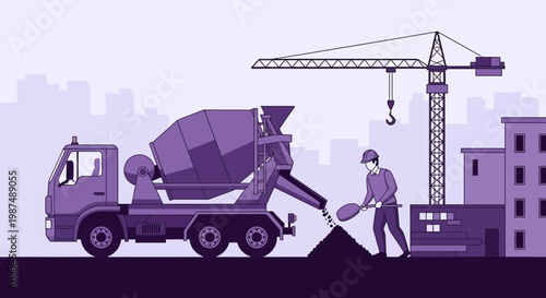 Construction Site Illustration Showcasing Concrete Mixer Truck and Building a New Structure
