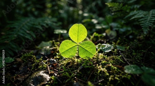 Close Up of Vibrant Green Three Leaf Clover in Dark Mossy Forest