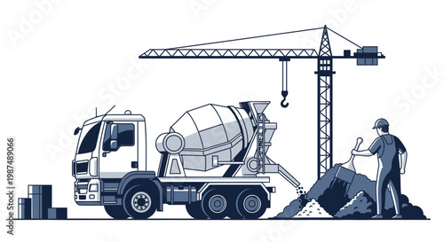 Construction Site Illustration Showcasing Concrete Mixer Truck and Building Crane Equipment