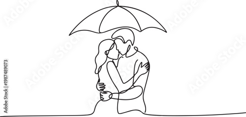 Romantic couple hugging under umbrella.one line drawing vector illustration