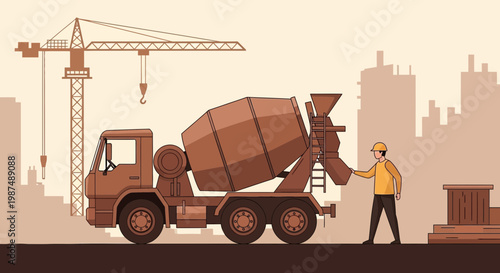 Construction Site Illustration Showcasing Concrete Mixer Truck with a Worker and Crane