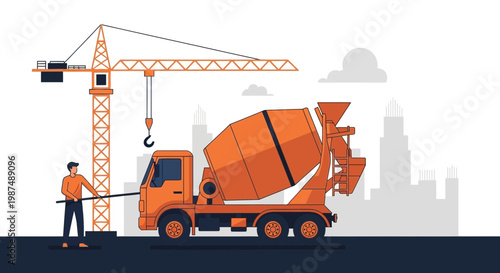 Construction Site Illustration Showcasing Concrete Mixer Truck and Crane With Engineering Worker