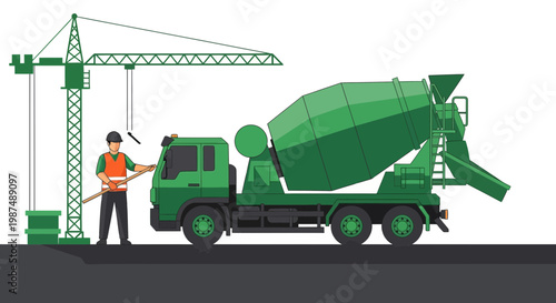 Construction Site Illustration Showcasing Concrete Mixer Truck and Crane with Construction Worker