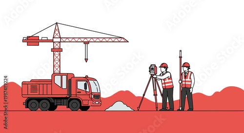 Construction Site Illustration Showcasing Crane Truck Surveyors And Land Development Design