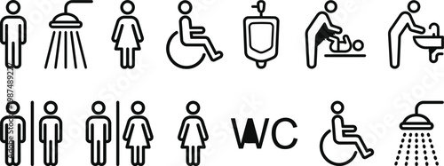 A set of black and white icons depicting various bathroom and toilet signs for men, women, and people with disabilities