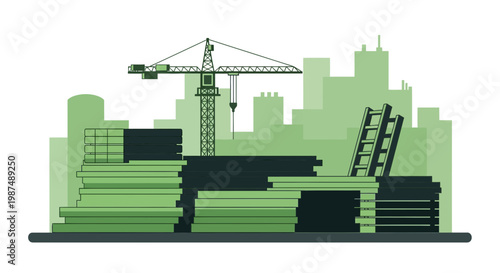 Construction Site Illustration Showcasing Crane, Building Materials, Cityscape, And Construction.