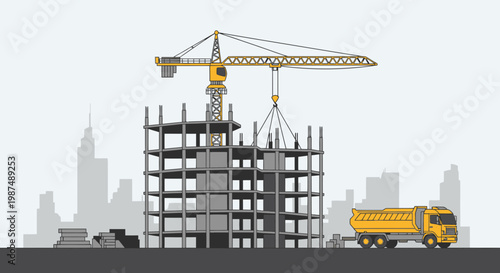 Construction Site Illustration Showcasing Crane, Building Frame, and Construction Truck Activity