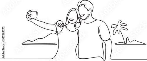 Single Line Art of a Couple Taking a Selfie on Vacation.one line drawing vector illustration