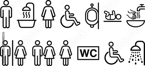 A set of black line icons depicting various bathroom and toilet symbols for accessibility and gender inclusivity