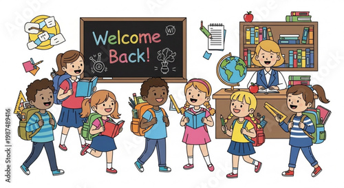 Vector illustration of a group of happy school children with their teacher drawing on a school board while playing with friends in a fun classroom