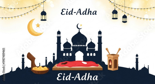 Vector illustration of a mosque and the Taj Mahal silhouette for an Eid Mubarak greeting card featuring cultural architecture and landmark monuments in a skyline design