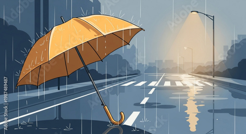 A vector art illustration of a blue summer parasol isolated on a tropical beach provides protection from the sun and rain by the ocean sky