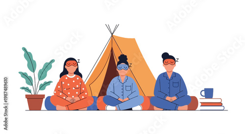 Group of Friends Relaxing Outdoors Near Tent and Potted Plant