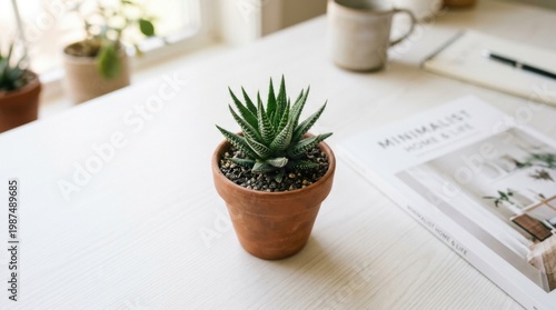 Small Potted Succulent Plant on Modern Minimalist White Desk