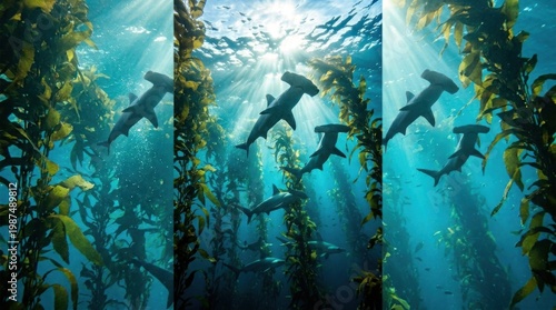 Sunlight Beams Illuminating Hammerhead Sharks in Kelp Forest