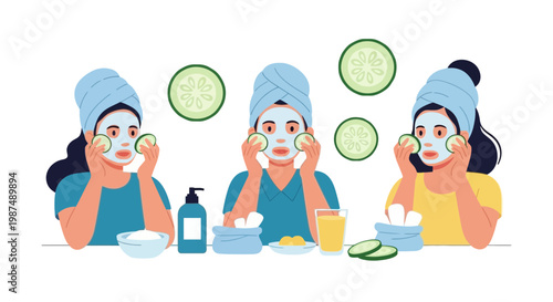 Women Enjoying Skincare Routine with Face Masks and Cucumber Slices