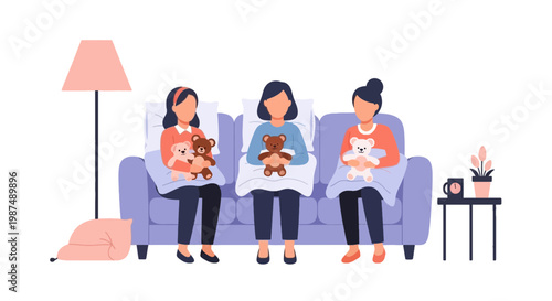 Family Relaxing Together on Sofa with Pets in Cozy Home Setting
