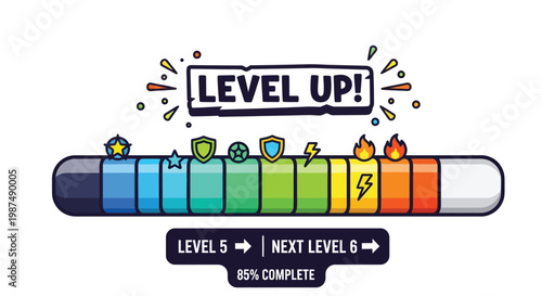 Colorful progress bar vector illustration showing a game level up screen with icons and text