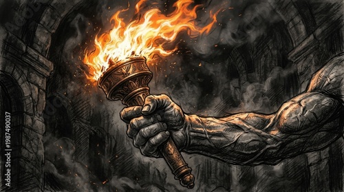 Powerful Arm Holding a Burning Torch in a Dark Ancient Temple