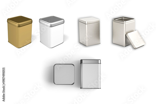 Blank white square tin box food container for packaging design mockup isolated on white background. Top and front view. 3d rendering.