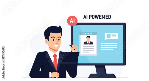 Smiling businessman illustration using AI powered computer for digital recruitment and professional profile management.
