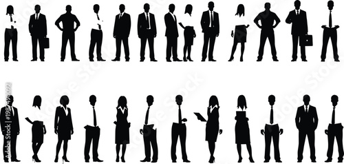 "Silhouettes of professional business people in suits, diverse group teamwork concept with individuality highlighted in blue"