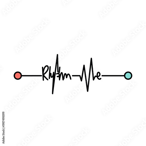 Rhythm text written as heartbeat line with colorful dots on white background