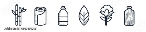 Set of six black and white hand drawn vector icons depicting sustainable materials like bamboo paper bottle leaf cotton and wood for eco friendly graphic design projects