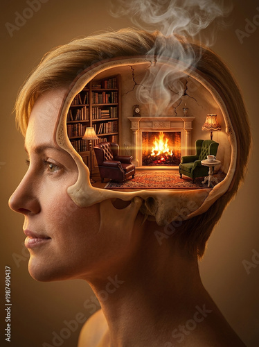Woman's Skull cutaway transformed into a classic living room with a blazing fireplace where the brain should be. Tiny armchairs, Persian rug, and smoke rising.