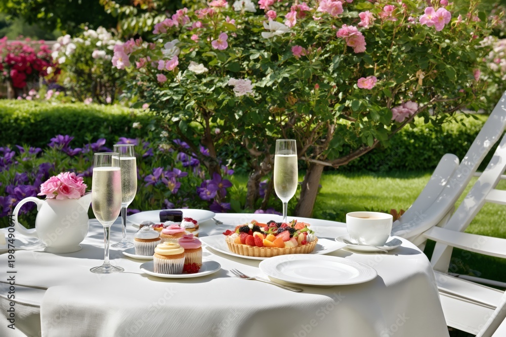 Fototapeta premium Brunch With Desserts and Drinks in a Garden Setting During Daylight