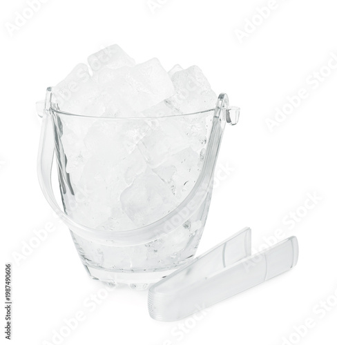 Ice cubes in glass bucket and tongs isolated on white
