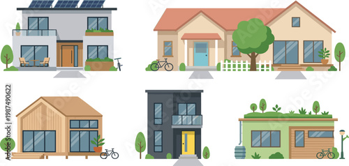 Flat Vector Illustration Set of Modern Sustainable Houses Featuring Solar Panels Green Roofs Tiny Homes and Contemporary Architecture,