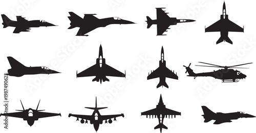 Silhouettes of military aircraft fighters bombers and helicopters in black