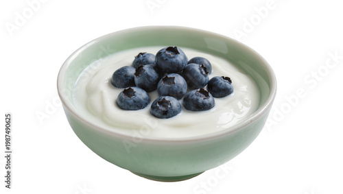 Foto Pale green ceramic bowl filled with creamy white yogurt and fresh blueberries, i