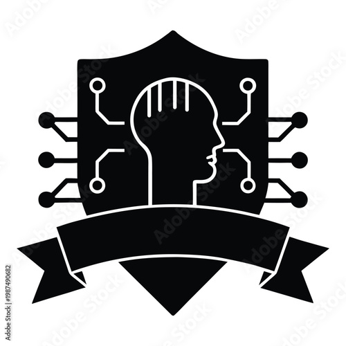 AI Human Head Shield with Circuit Network Black and White Cyber Security Technology Concept
