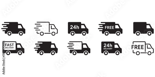 A collection of black and white delivery truck icons